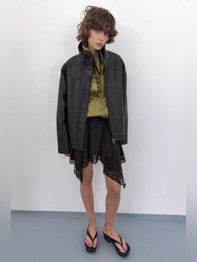 NWT Zara Black Genuine Leather Funnel Neck Jacket